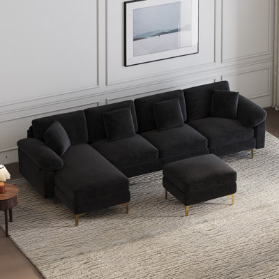 Canapé modulaire en chenille en U 114 po avec méridienne et pieds dorés