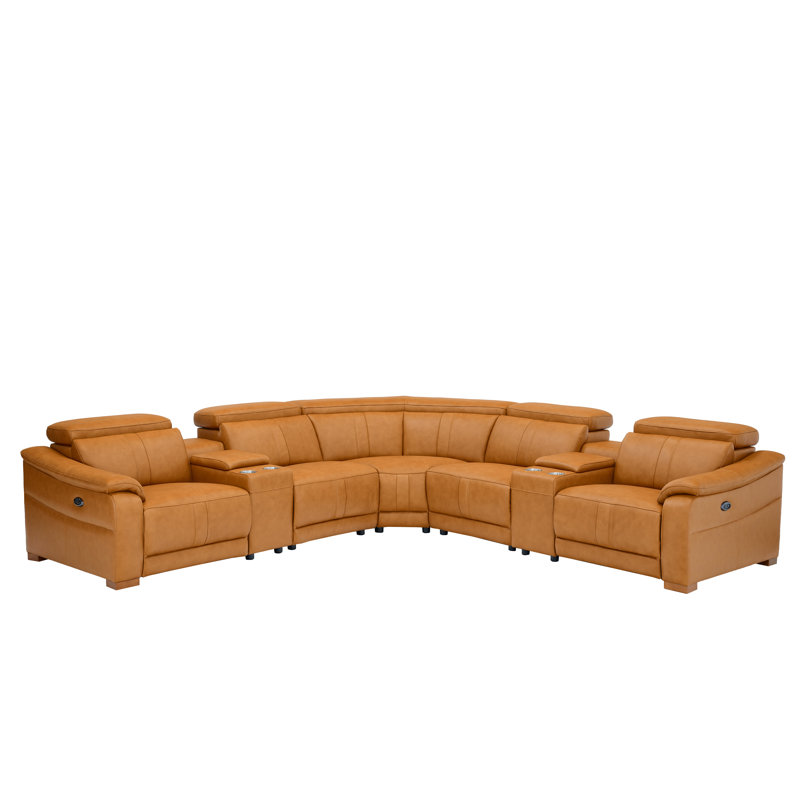 Berkhamsted Leather Recliner Theater Set, Ginger Leather Match, Brown Wood