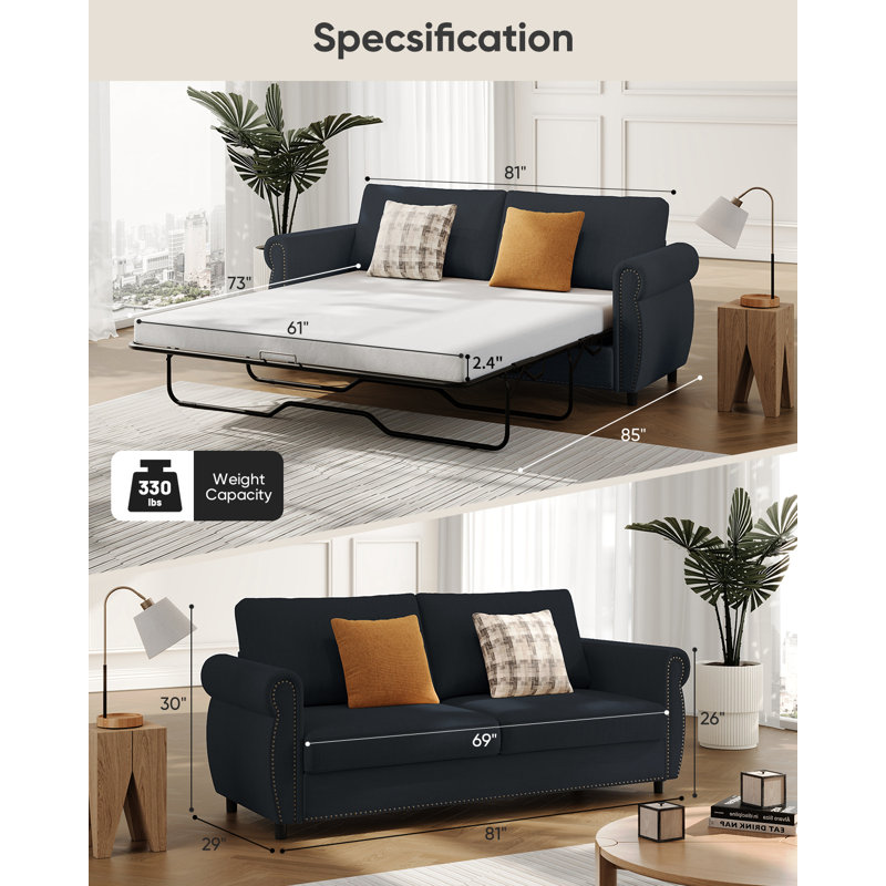 Canapé-lit en lin 81 po avec matelas en mousse à mémoire de forme, gris foncé, H 30 po x l 81 po x P 29 po, Gris foncé