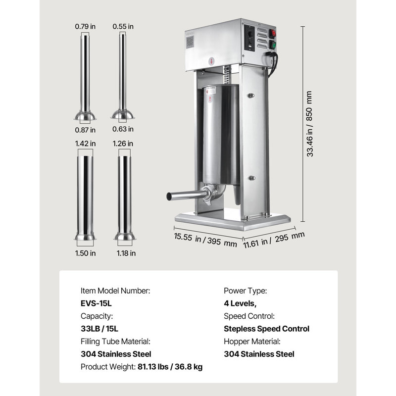 Stuffer électrique à saucisse 33 LBS / 15 L avec 4 tubes pour usage commercial et domestique
