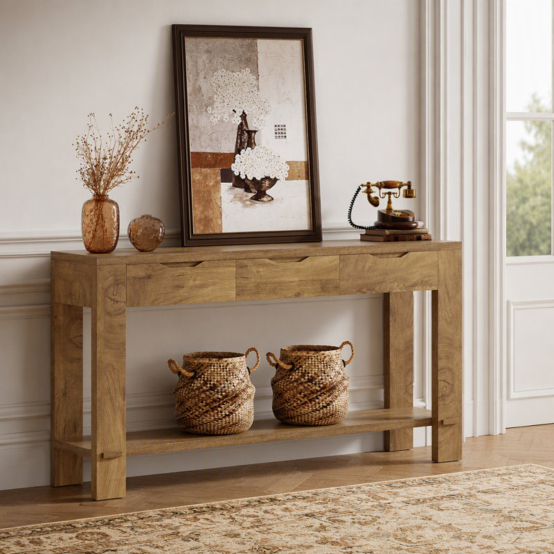 Console de 170 cm avec 3 tiroirs de rangement et une tablette ouverte, table d'entrée étroite de style campagnard en placage de chêne, pouvant supporter jusqu'à 90 kg, idéale pour le salon.