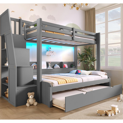Lit simple superposé au dessus d'un lit double avec escalier de rangement, lit gigogne, tablettes de rangement, DEL et USB, gris