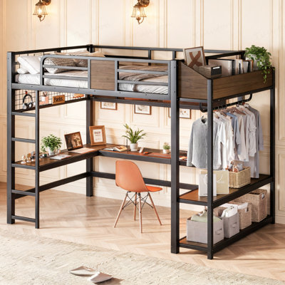 Lit mezzanine double avec bureau en L, bande lumineuse à DEL et tablettes de rangement, lit mezzanine en métal avec tringle à vêtements, tablettes de rangement et filets en fer, lit mezzanine avec lumières et ports USB