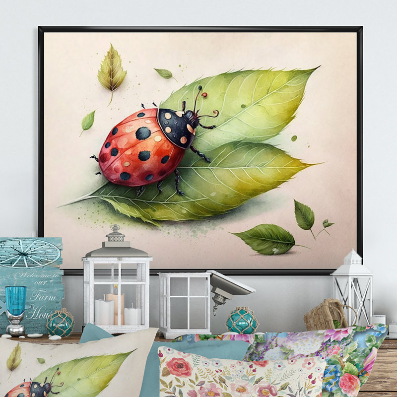 " Ladybug On A Leaf ", 40" W x 30" H, Black Floater Framed Canvas