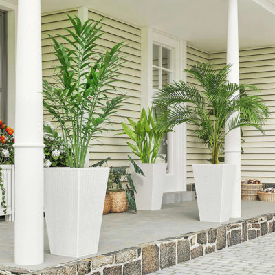 Paquet de 3 pots de fleurs de 24 pouces de hauteur, de style rotin, de grands pots à fleurs avec drainage pour patio extérieur