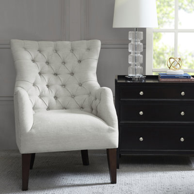Fauteuil à oreilles boutonné, structure en bois massif et pieds en bouleau, finition, coussin en mousse haute densité, housse en tissu, pieds de chaise confortables, rembourrage, revêtement, élégance relaxante