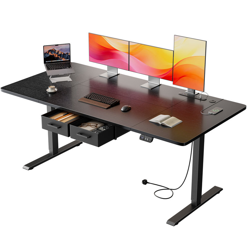 Adjustable Metal Base Standing Desk with Power Outlet, 160cm W x 80cm D, Black/Black