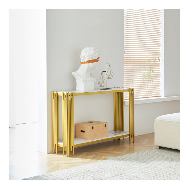 Console en faux marbre à 2 niveaux, table de canapé de salon, table d'entrée étroite moderne, table d'entrée de couloir, pieds réglables, pour entrée, couloir, or