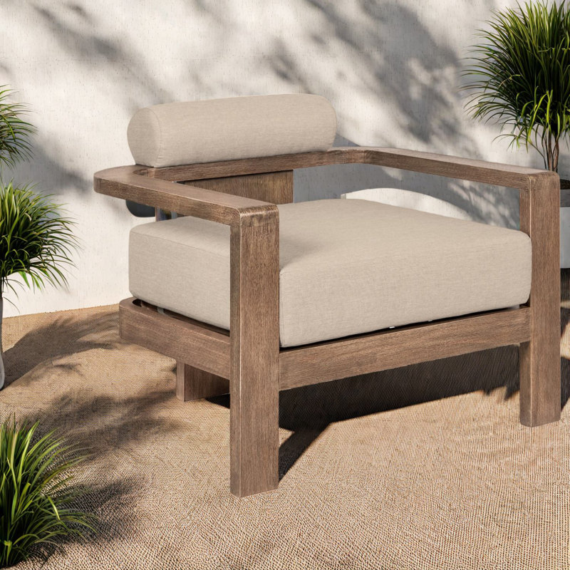 Élégantes chaises longues d'extérieur résistantes aux intempéries en bois d'eucalyptus avec coussins taupe