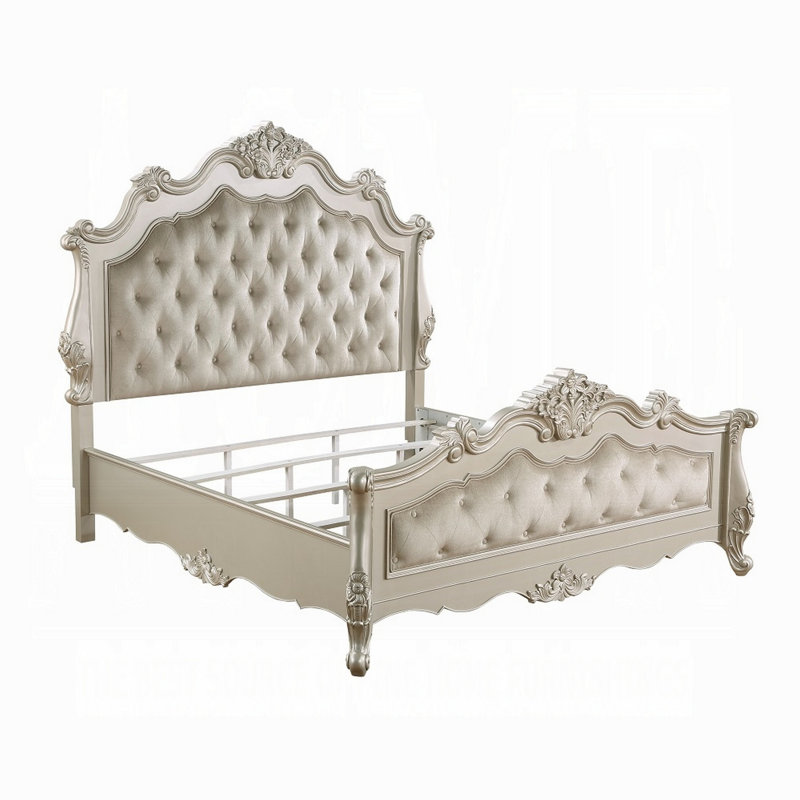Lit tapissier capitonné Arinah beige et champagne, Très grand