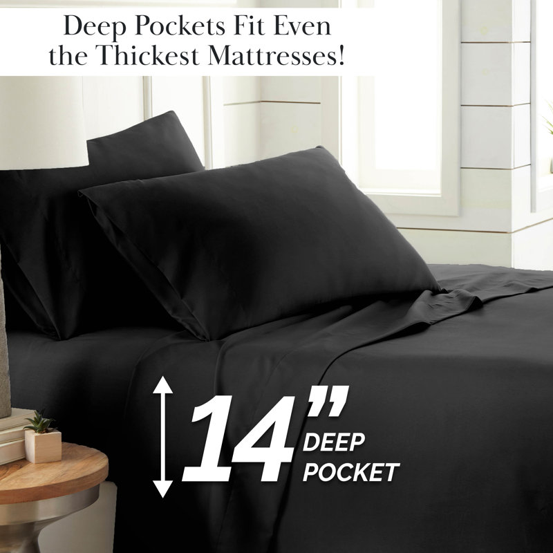 Ensemble de draps 4 pièces en lin noir et en microfibre brossée double avec une poche profonde de 14 pouces, 1 drap-housse, 1 drap plat et 2 taies d'oreiller