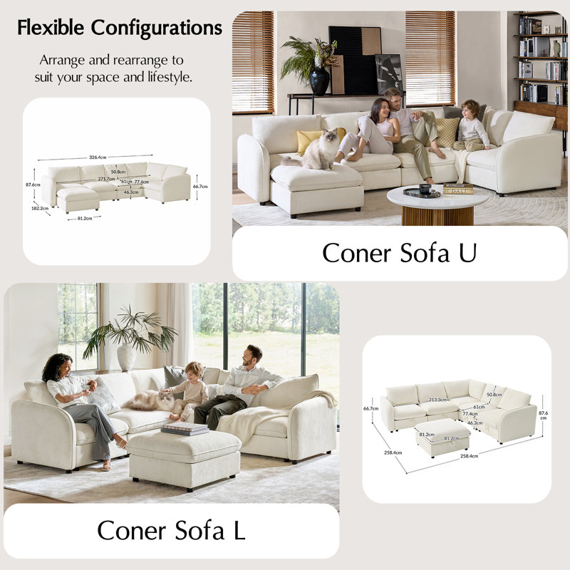 Chaithra Modern Modular Storage 5 Seater modular sofa with an ottoman, Ivory