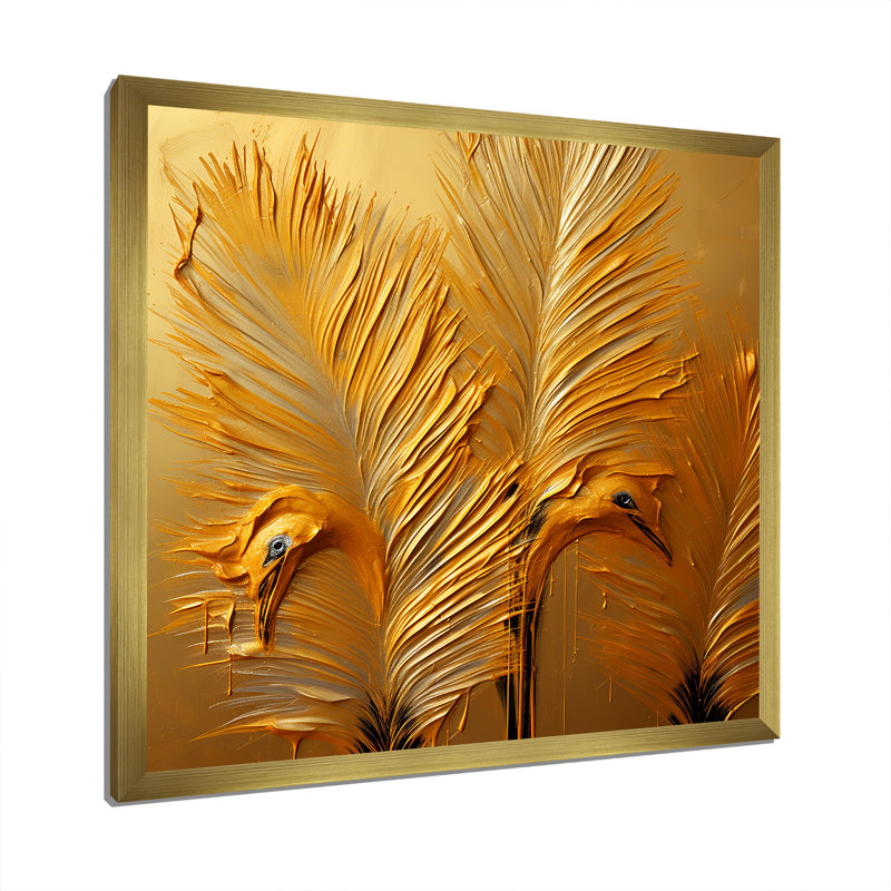 Plumes d'autruche dorées I, Cadre doré simple, H 16 po x l 16 po x P 1 po