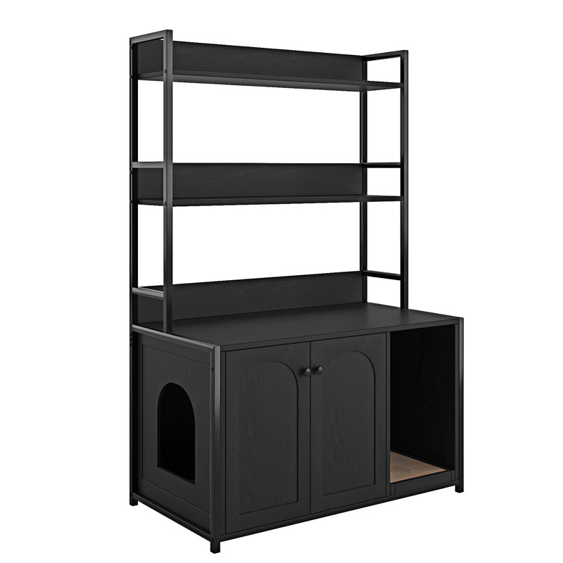 Wooden  Cat Cabinet With 2 Doors,Shelf Storage and Scratch Pad, Black