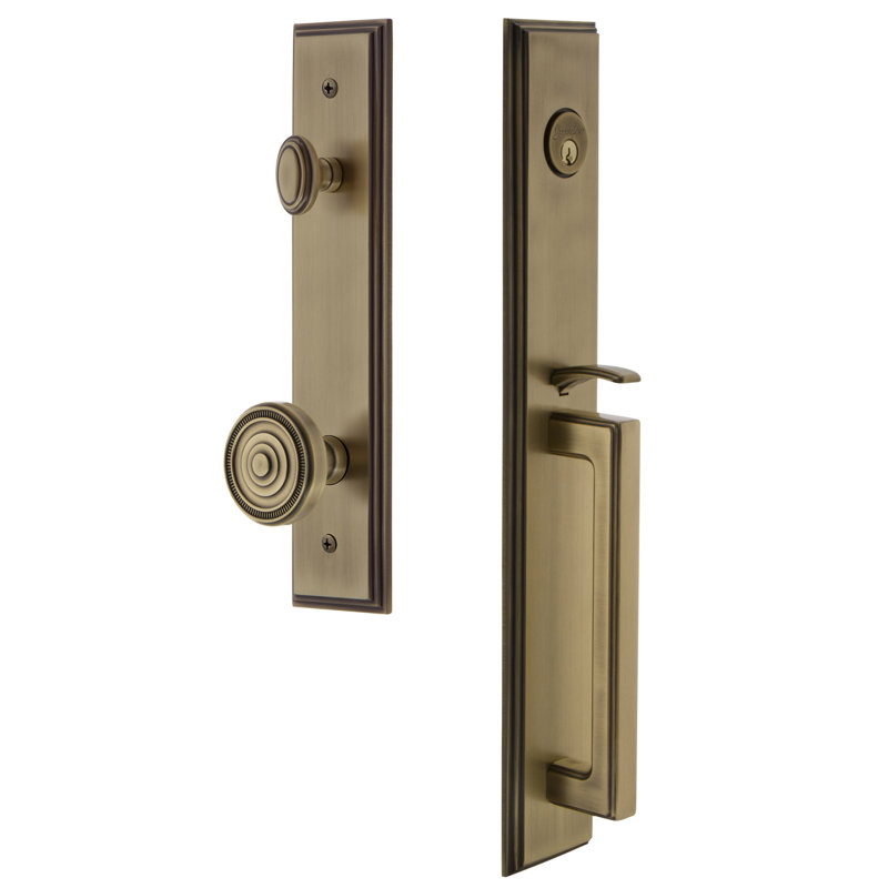 Carré Handleset with Single Cylinder Deadbolt and Soleil Door Knob and Rosette, 2.375", Vintage Brass