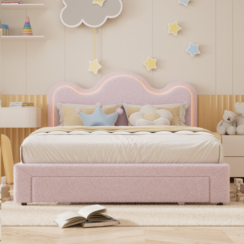 Très grande base de lit pour enfants, lit plateforme avec tête de lit ajustable, lumières DEL et tiroir, aucun sommier nécessaire