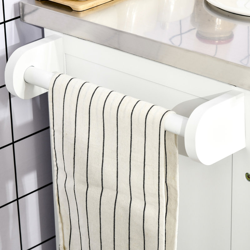 Poste de travail pour îlot de cuisine avec surface en acier inoxydable, tiroir, porte-serviettes, étagère à épices et rangement, armoire portable blanche
