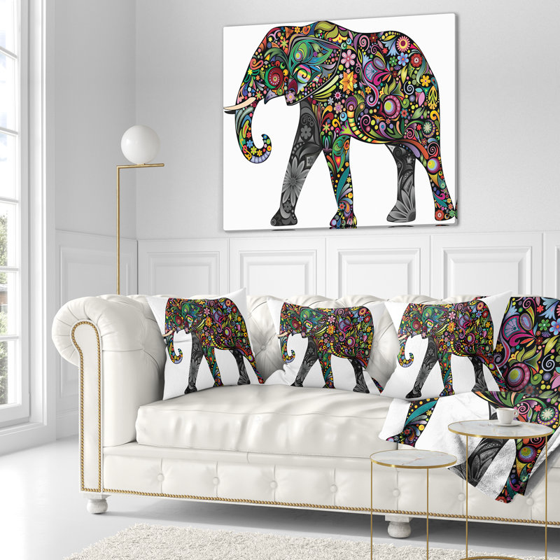 Éléphant floral - oreiller imprimé animal, 18 po x 18 po, Coussin décoratif