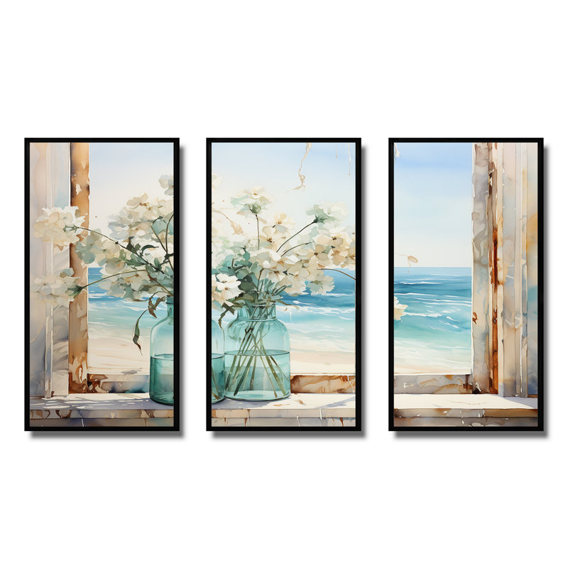 «Blue Window Beachfront View Blooms I» - art mural fenêtres côtières, H 32 po x l 48 po x P 1 po, Cadre flottant noir