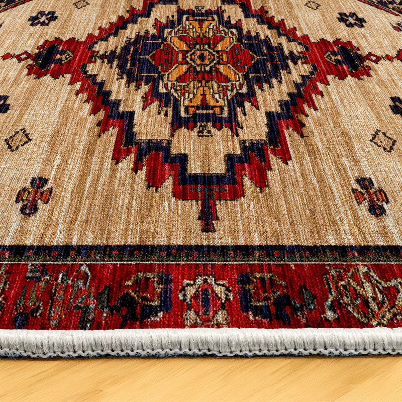 Strawbridge Burgundy Beige Moroccan Machine Printed Cotton Polyester Area Rug, Round 5'3"