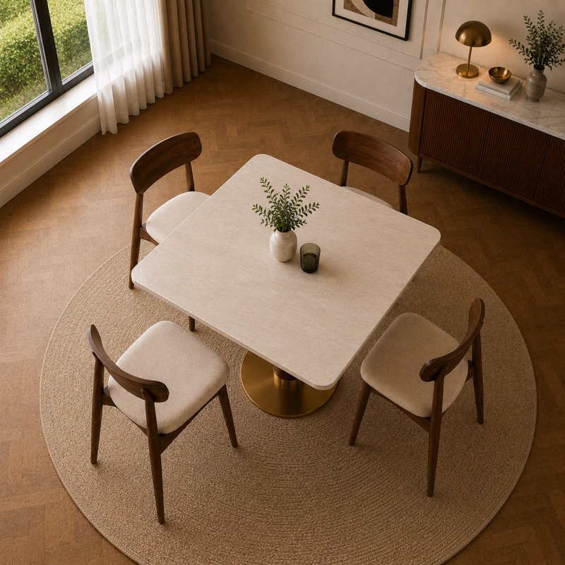 33.5" Round Sintered Stone Dining Table with Solid Rubberwood Pedestal Base and Brushed Gold Stainless Steel Bottom, Modern Dining Table for 2-4 People