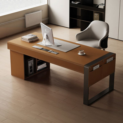 Bureau d'ordinateur en bois massif, bureau en cuir avec armoires latérales