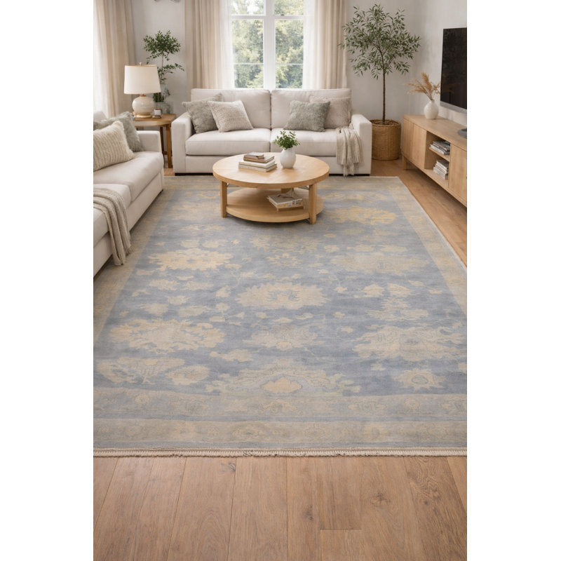 Tapis oriental gris / bleu en laine noué à la main