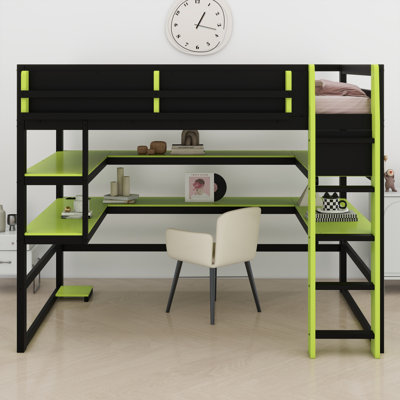 Élégant lit mezzanine en bois avec bureau intégré, support de rangement et lumière RVB