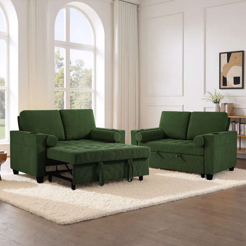 Upholstered Green Corduroy Tufted Convertible Pull-Out  Multi-Functional Sleeper Sofa Bed - Adjustable Backrest With 2 Soft Pillows, USB Outlet and  Cup Holder (Set of 2)