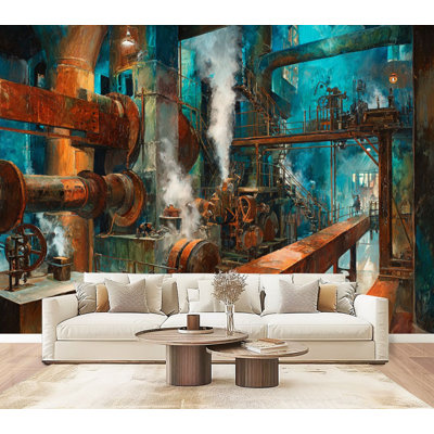 Peel and Stick Wallpaper Steampunk Factory Interior Gears Brass Pipes Steampunk Rustic Factory Wall Murals 69"H x 96"W Removable PVC Wall Paper Self-Adhesive Wall Decor for Bedroom Living Room Home Office