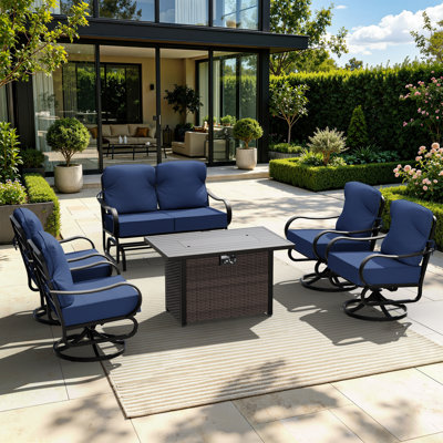 Ensemble de patio en métal 6 places avec causeuse coulissante, 4 chaises berçantes pivotantes et table de foyer au propane, coussin bleu