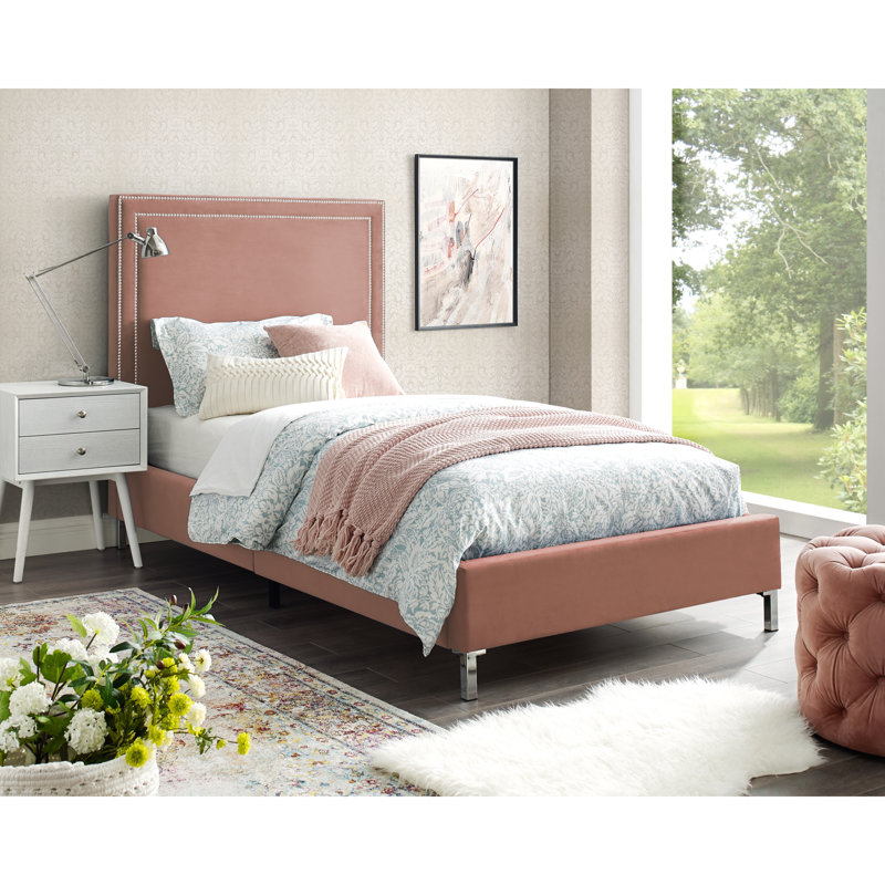 Lit plateforme tapissier Crampton, Velours, Rosé, Lit simple
