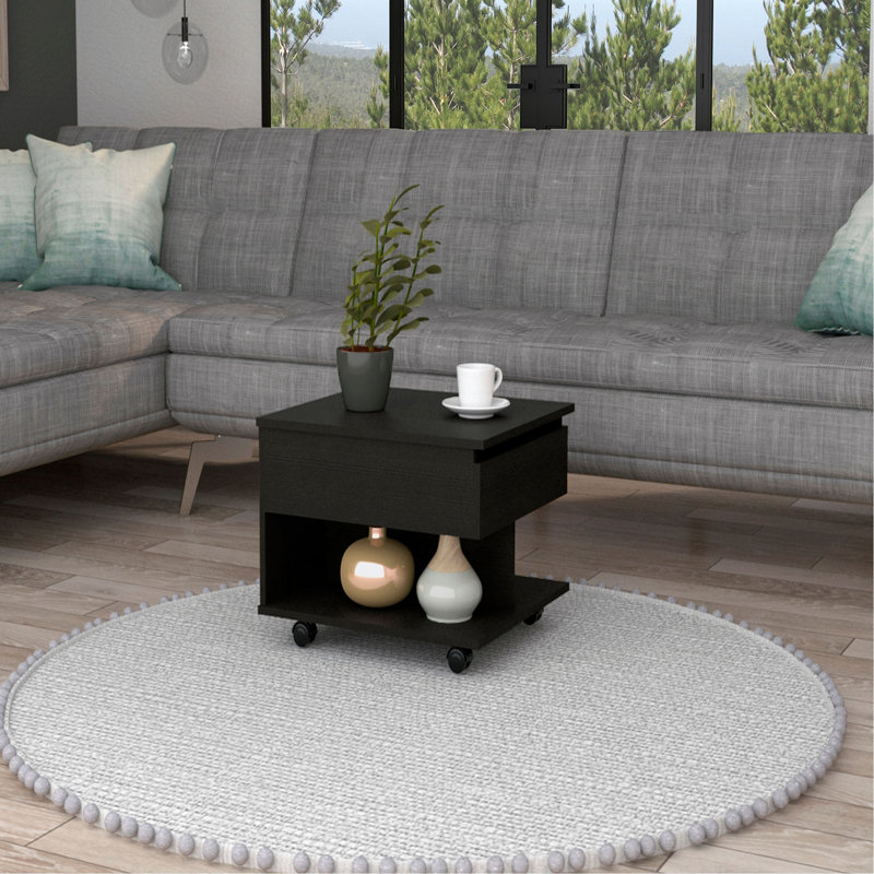 Table basse à plateau relevable H 15,3 po Babel, roulettes, une tablette, noir, salon