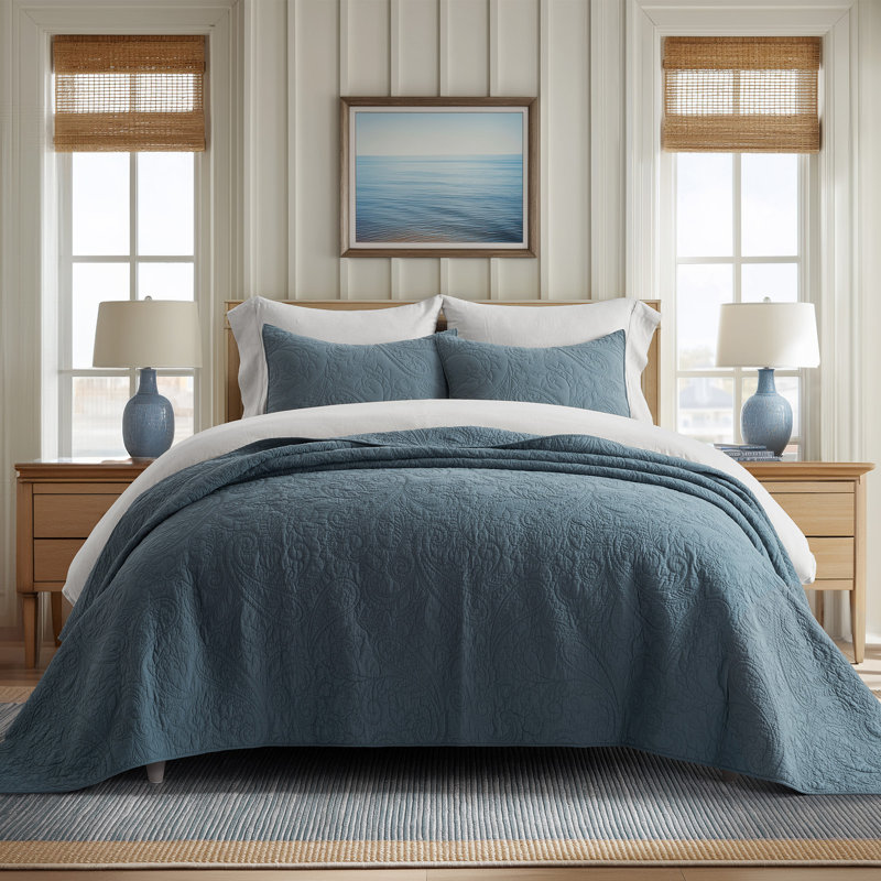 Paisley 100% Cotton Quilt Set 3 Pieces, Queen Quilt + 2 Standard Shams, Stormy Blue