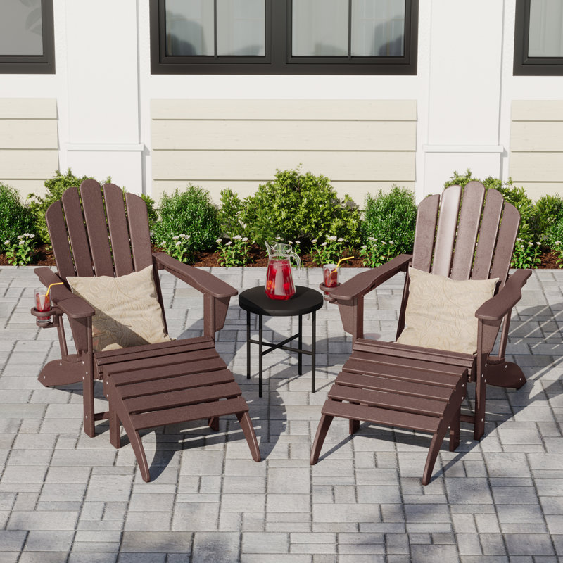 Outdoor Poly Adirondack Chair With Ottoman 4-Piece Set, Brown