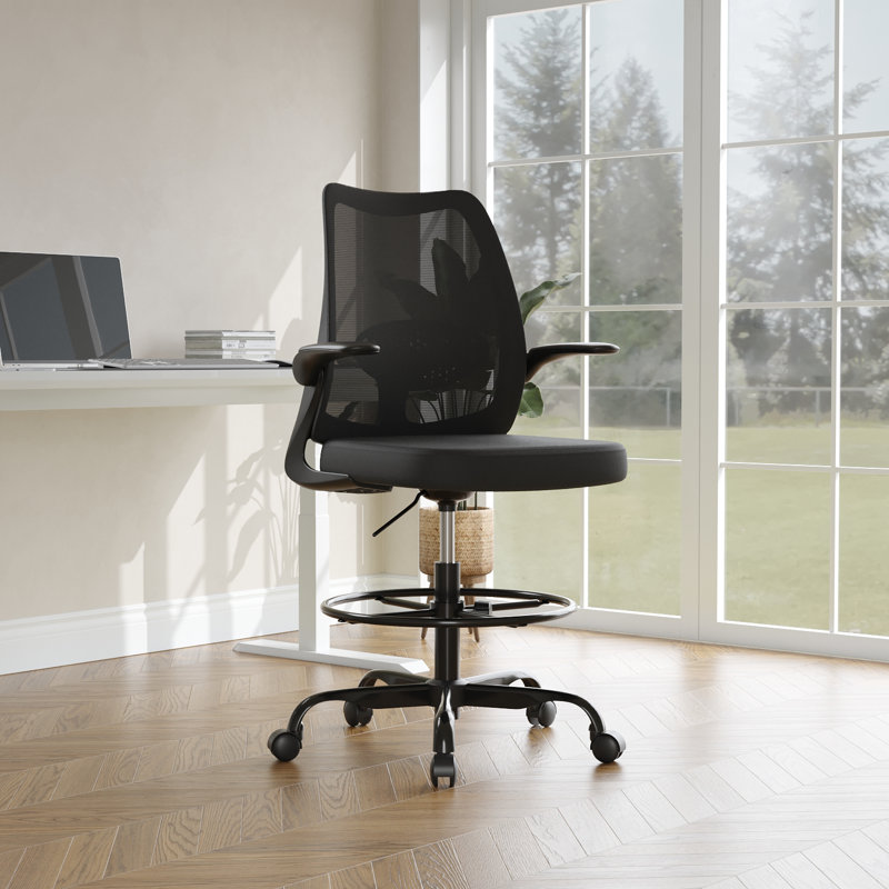 Ergonomic Mesh Drafting Chair Tall Office Chair With Adjustable Footrest Ring, Black