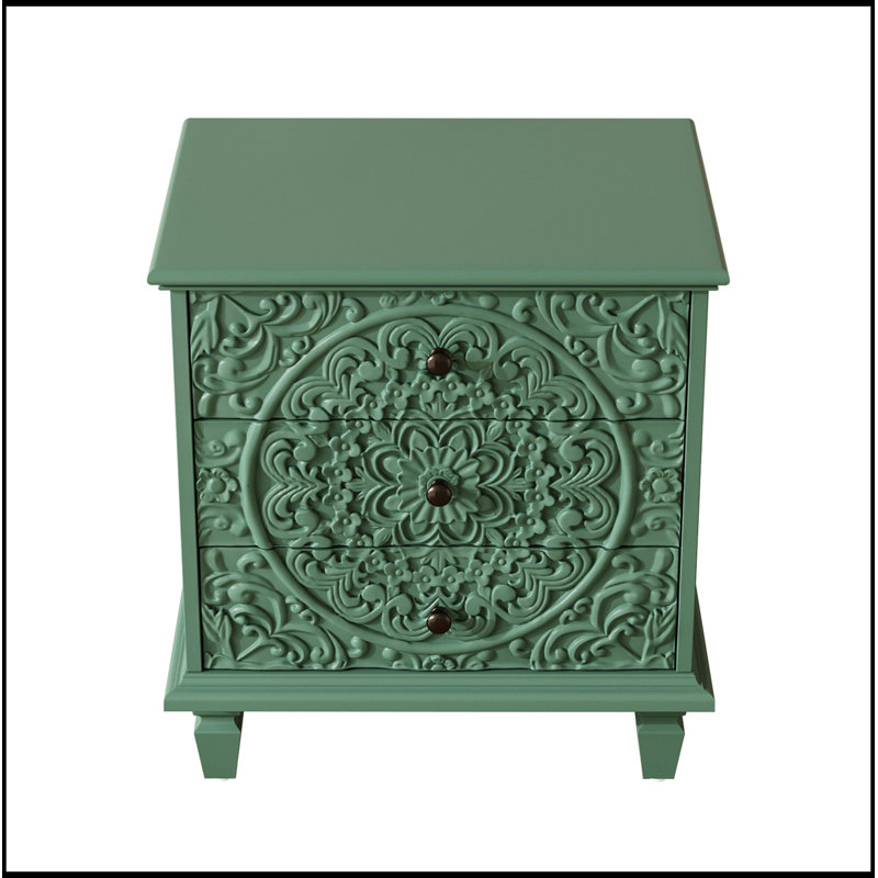 Garwood en bois sculpté avec 3 tiroirs, Vert