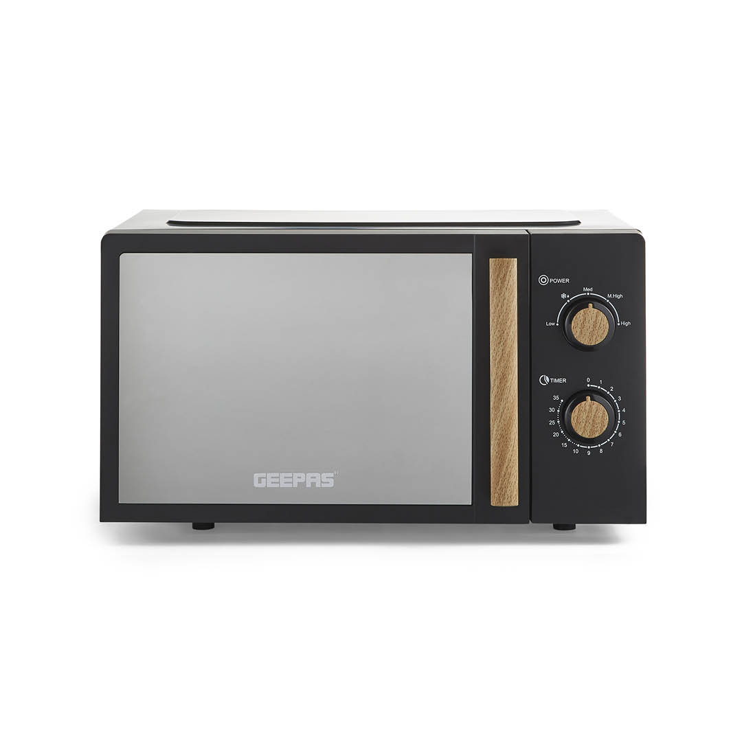 GEEPAS NordiQ 20L Microwave Oven 700W | Compact Solo Microwave with 5 Power Levels 35-Minute Timer Turntable Glass Tray | Stylish Mirrored Glass Door