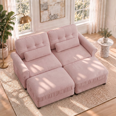 Canapé 69,2 po à 2 places en chenille avec 2 repose-pieds assortis, bords de siège à volants, accoudoirs roulés et coussins lombaires, coussins moelleux et fermes, ensemble de causeuse rembourré pour le salon et la chambre à coucher