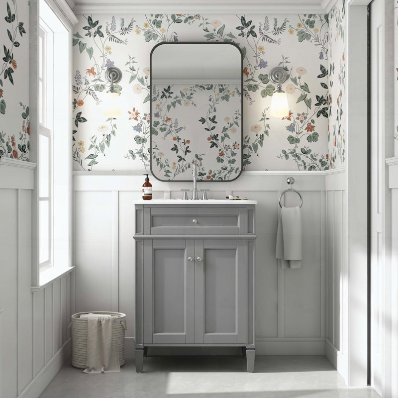 Meuble-lavabo avec lavabo en céramique, deux portes à fermeture amortie, tiroirs et rangements de porte basculants, gris