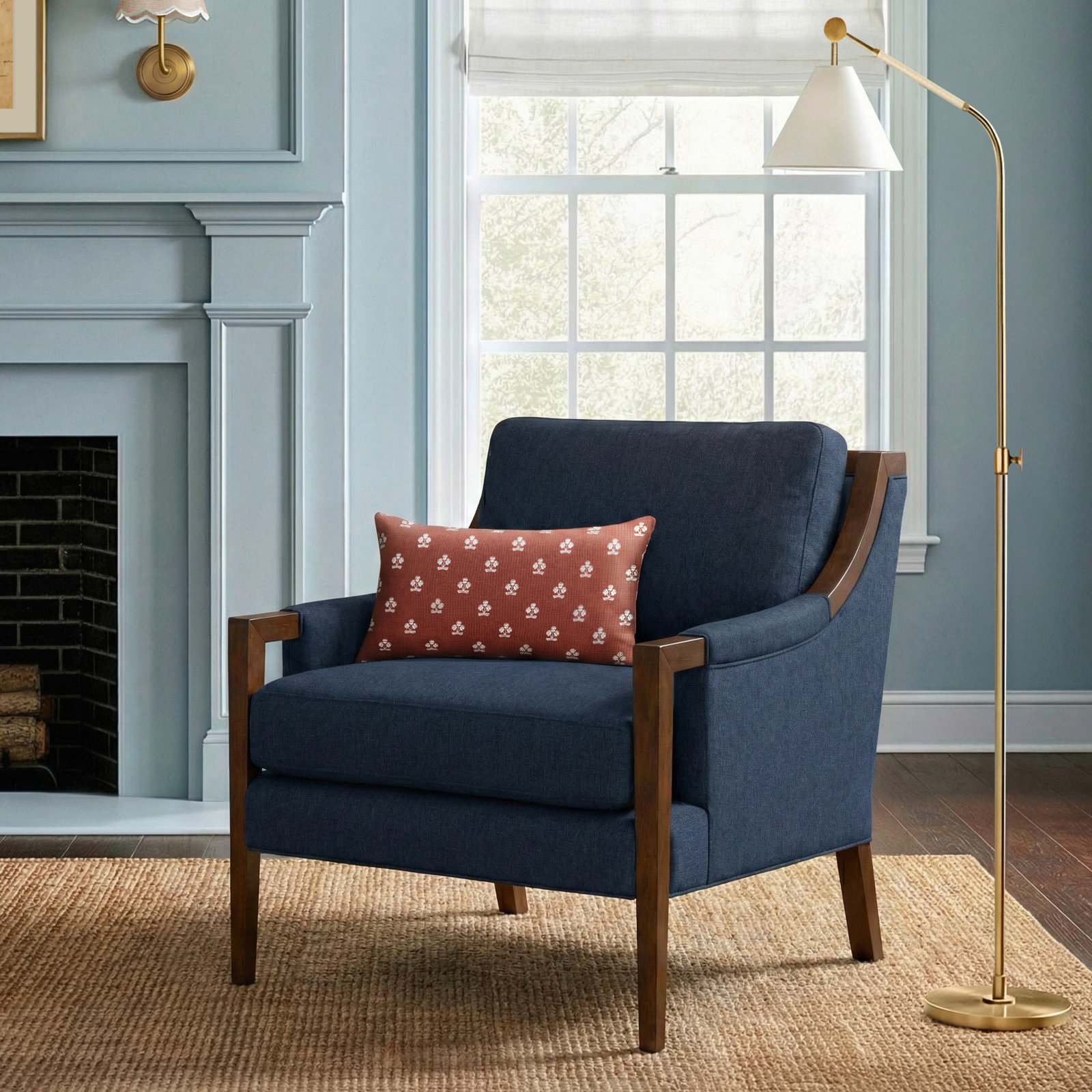 Mikel Pine Armchair, Peyton Navy Performance Twill