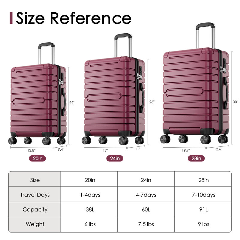 Ensemble de valises rigides 3 pièces, valises 20/24 / 28 pouces avec roues