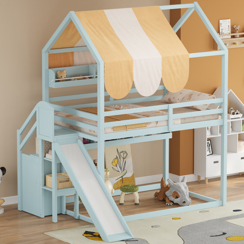 Full Over Full House Bunk Bed With Slide, Storage Shelves, Staircase, Wood, Contemporary, Kids Bedroom, Light Green