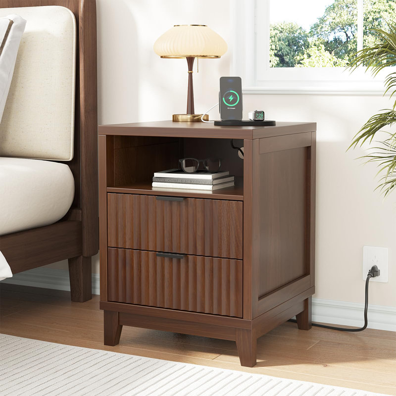17.7'' Fluted Nightstand With Charging Station, Brown
