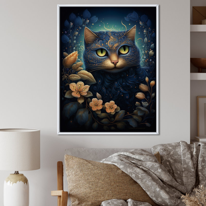 Chat rétro bleu sur fond de fleurs sur toile, Cadre flottant blanc, H 20 po x l 12 po x P 1 po