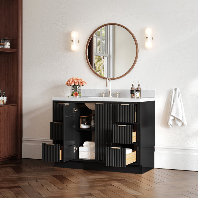 Ensemble de meuble-lavabo simple en bois massif 48 po avec comptoir en quartz noir de 1,5 po Haun Haun, Ovale, 48"