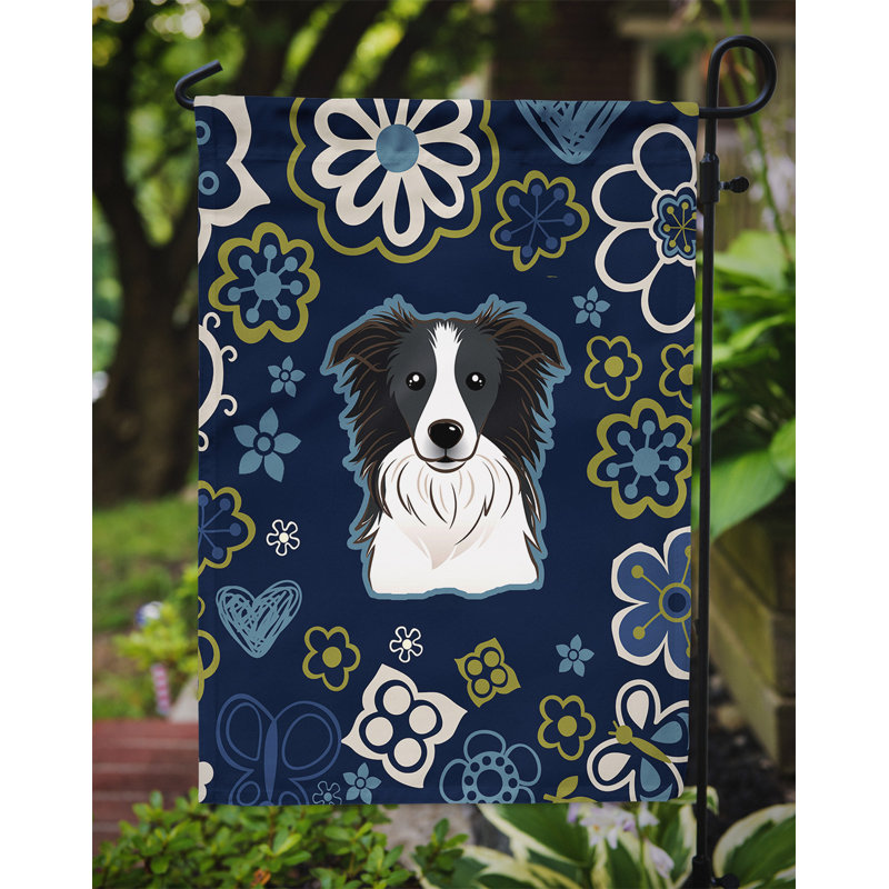 Terrier en fleurs à 2 côtés en polyester 15 x 11,5 po drapeau de jardin, Bordure (bleu)