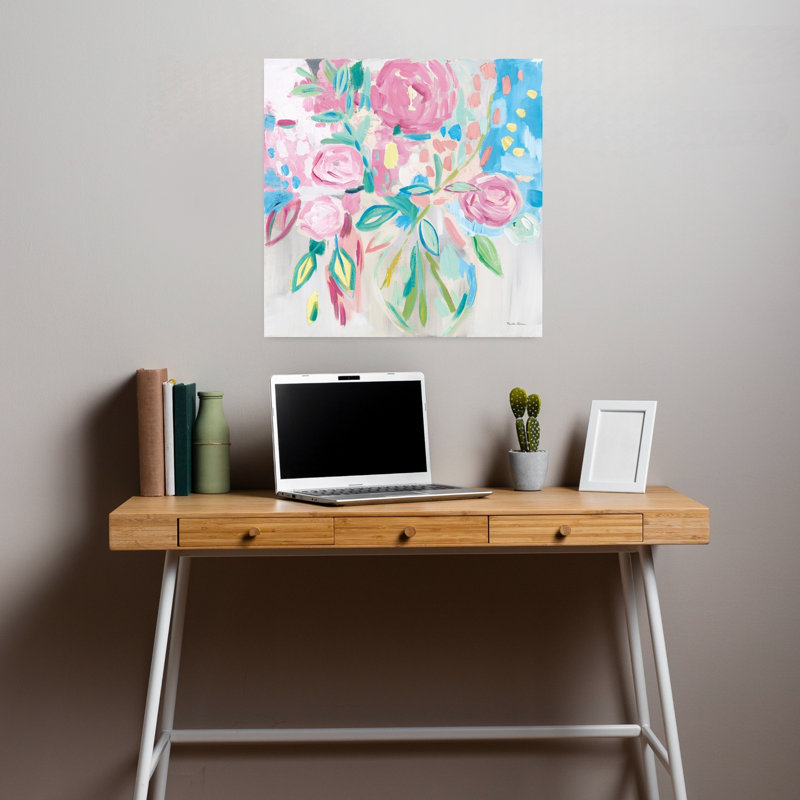 Pastel floral contemporain rose d'été avec art bleu turquoise, H 18 po x l 18 po