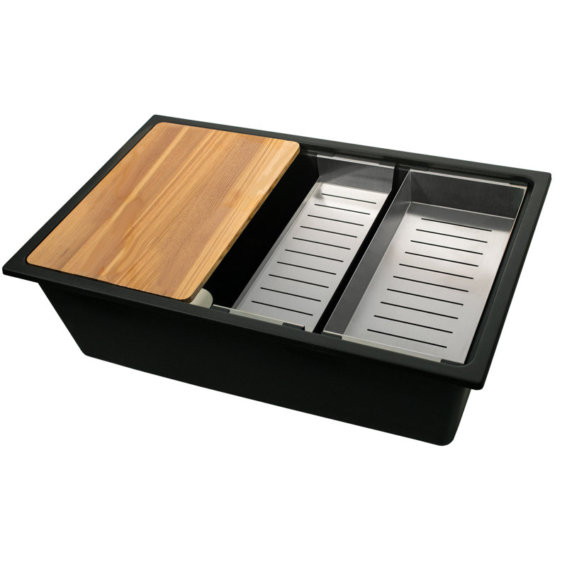 Nantucket Sinks 30 Inch  Dualmount Granite Composite Prep-Station with Side Set Drain, Black