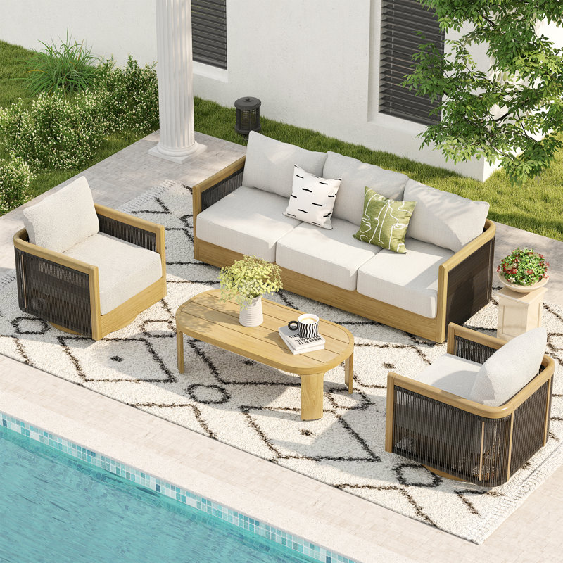 Ensemble de conversation pour patio en corde de bois tissé à la main 4 pièces avec chaises pivotantes, coussins beiges et table basse Bludov